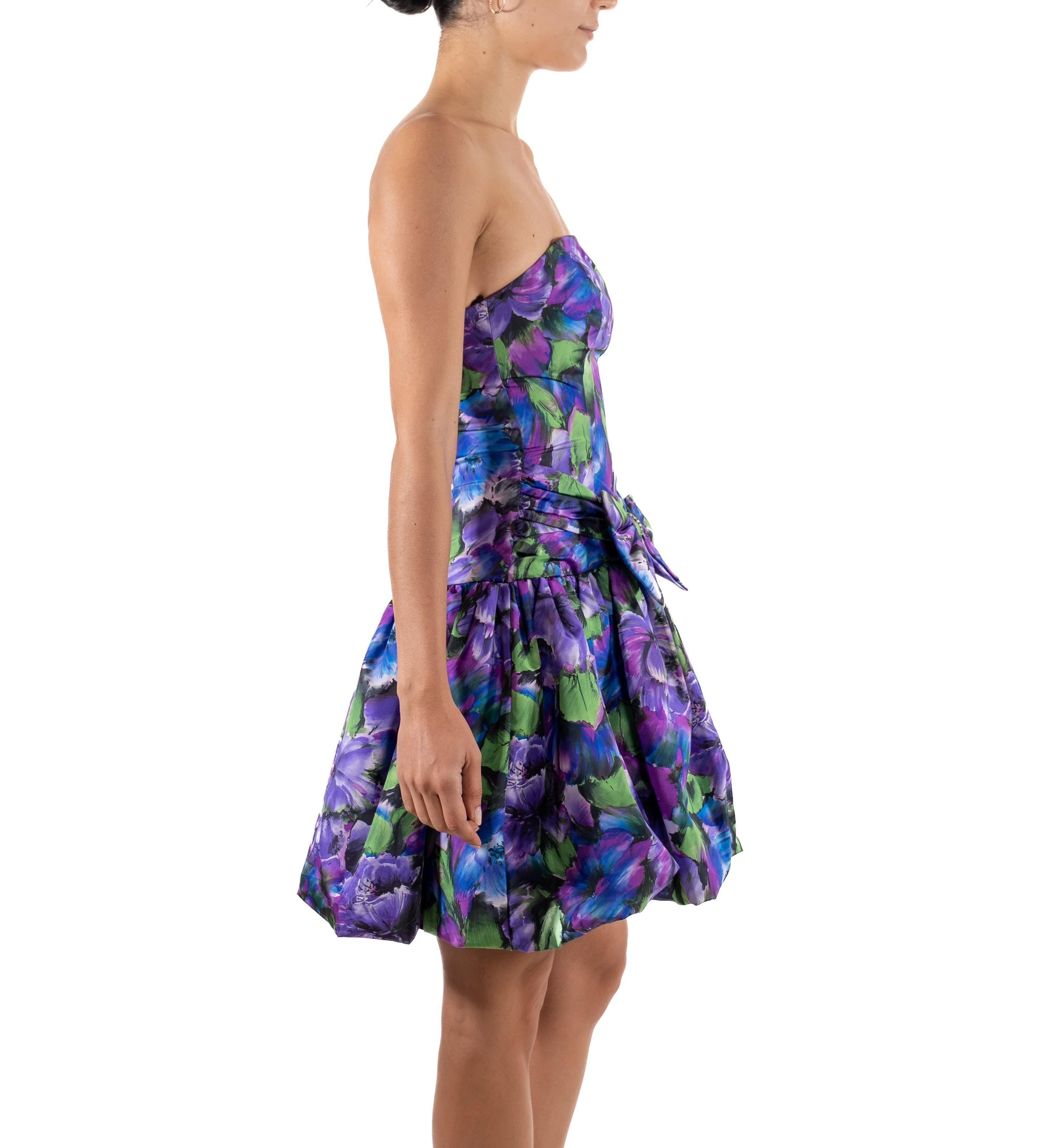 Gray 1990S Green & Purple Floral Polyester Taffeta Strapless Mini  Dress With Front For Sale