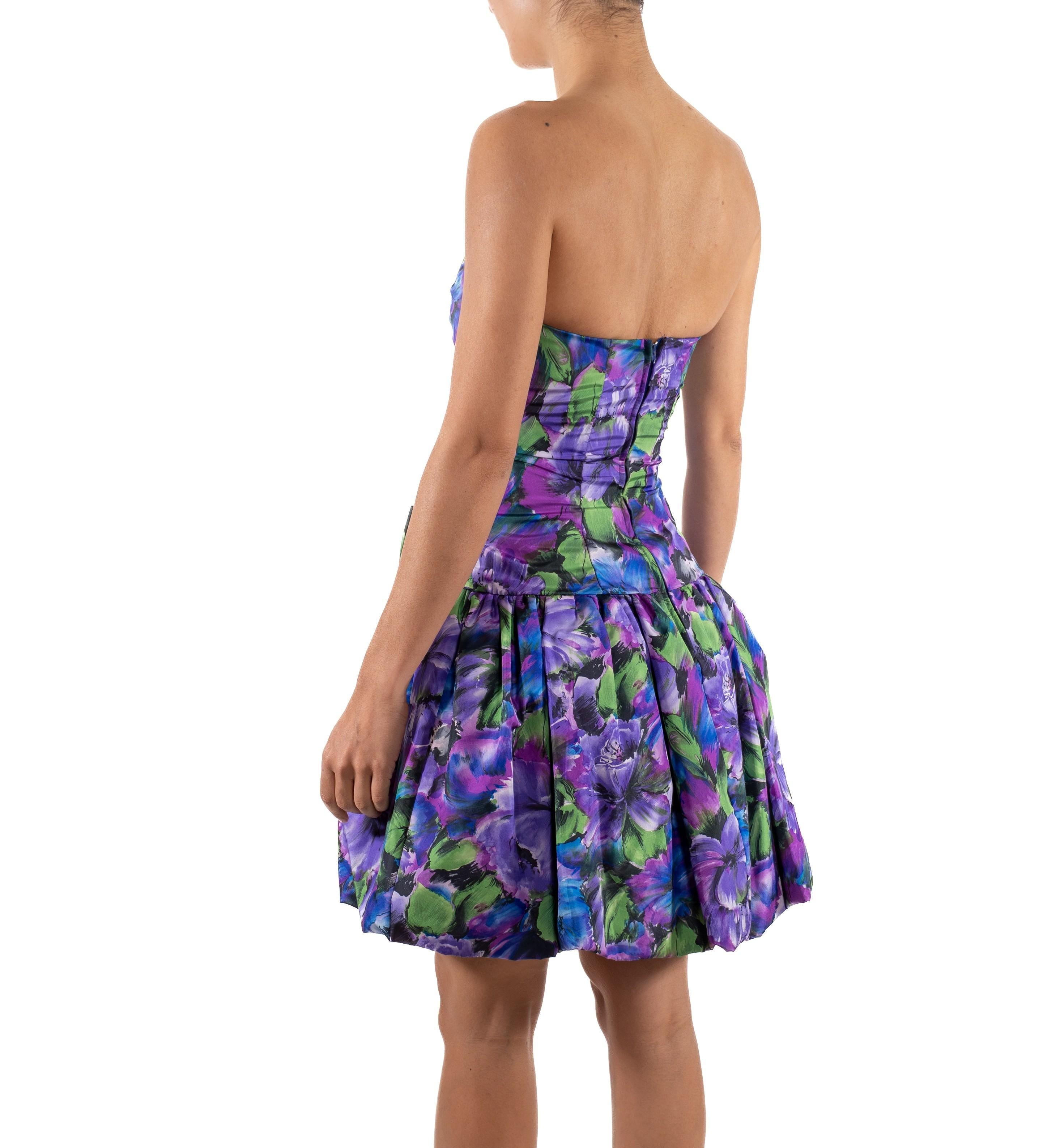1990S Green & Purple Floral Polyester Taffeta Strapless Mini  Dress With Front For Sale 1