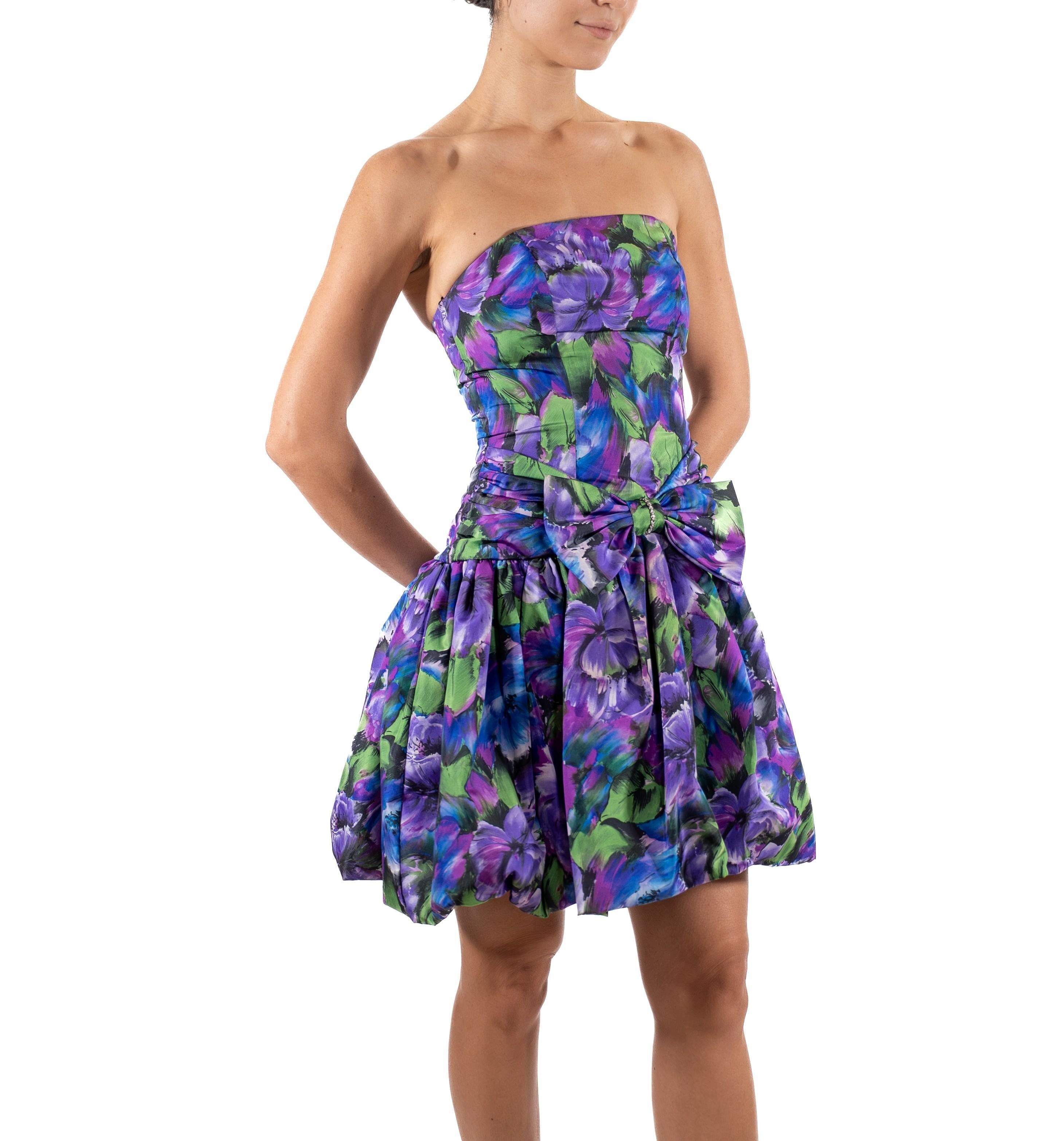 1990S Green & Purple Floral Polyester Taffeta Strapless Mini  Dress With Front For Sale 4