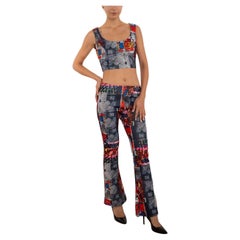 1990S Ensemble imprimé en polyester gris multicolore