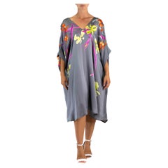 1990S Grey Silk Charmeuse Tropical Floral Tunic Dress1990S Grey Silk Charmeuse T