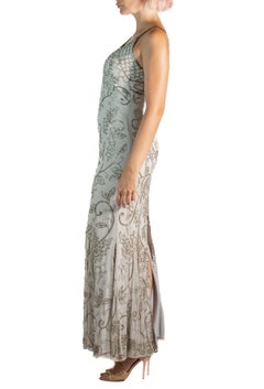 1990S Grey Silk & Rayon Chiffon Silver Beaded Gown