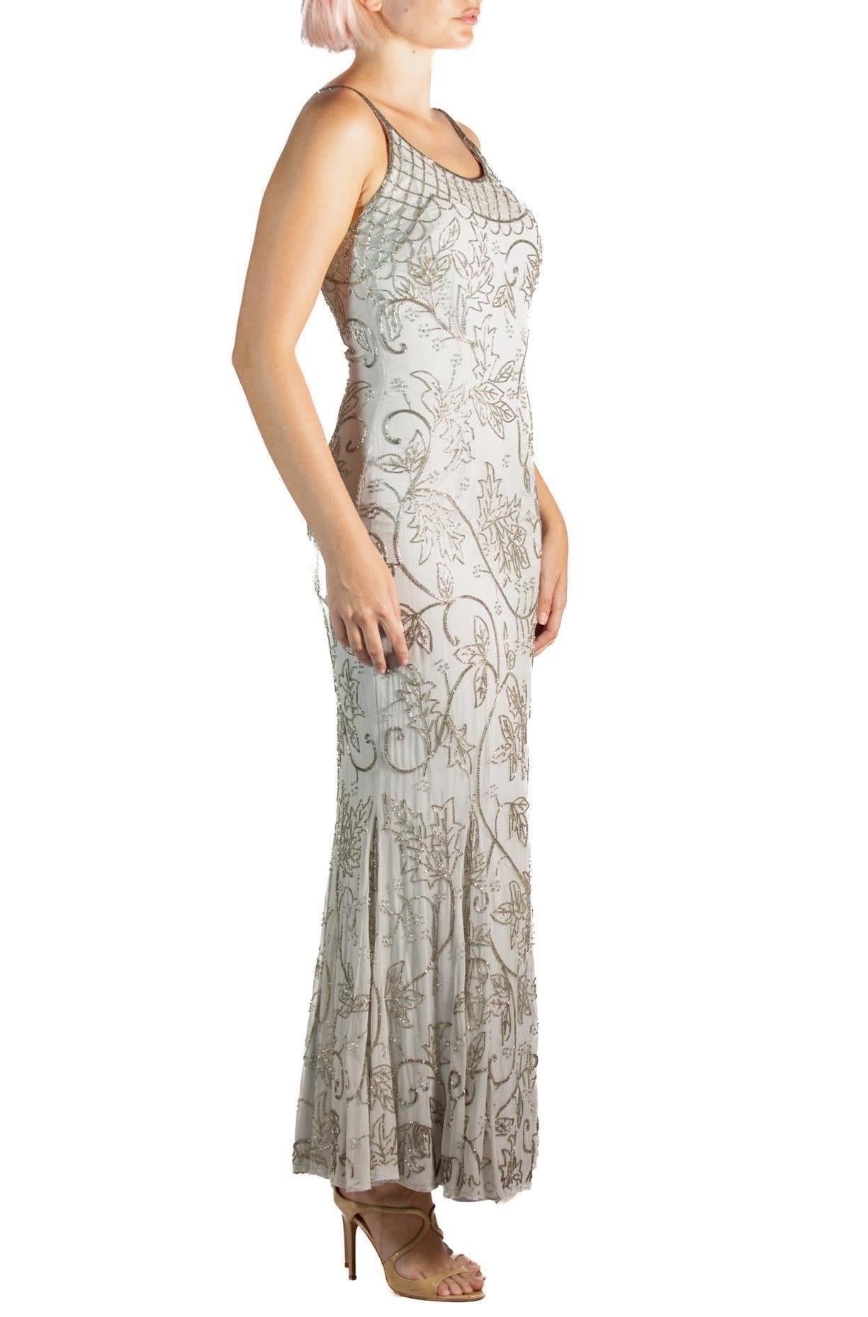 Brown 1990S Grey Silk & Rayon Chiffon Silver Beaded Gown For Sale
