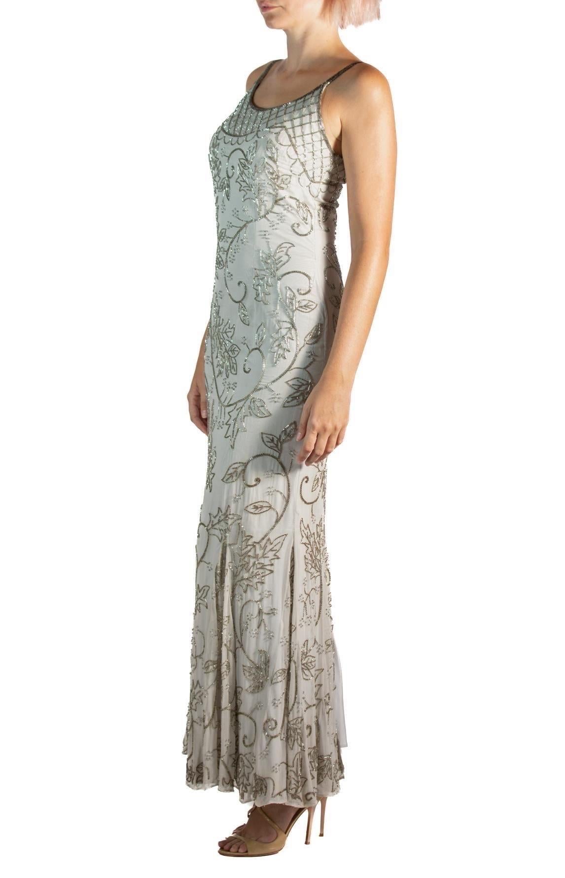 1990S Grey Silk & Rayon Chiffon Silver Beaded Gown In Excellent Condition For Sale In New York, NY