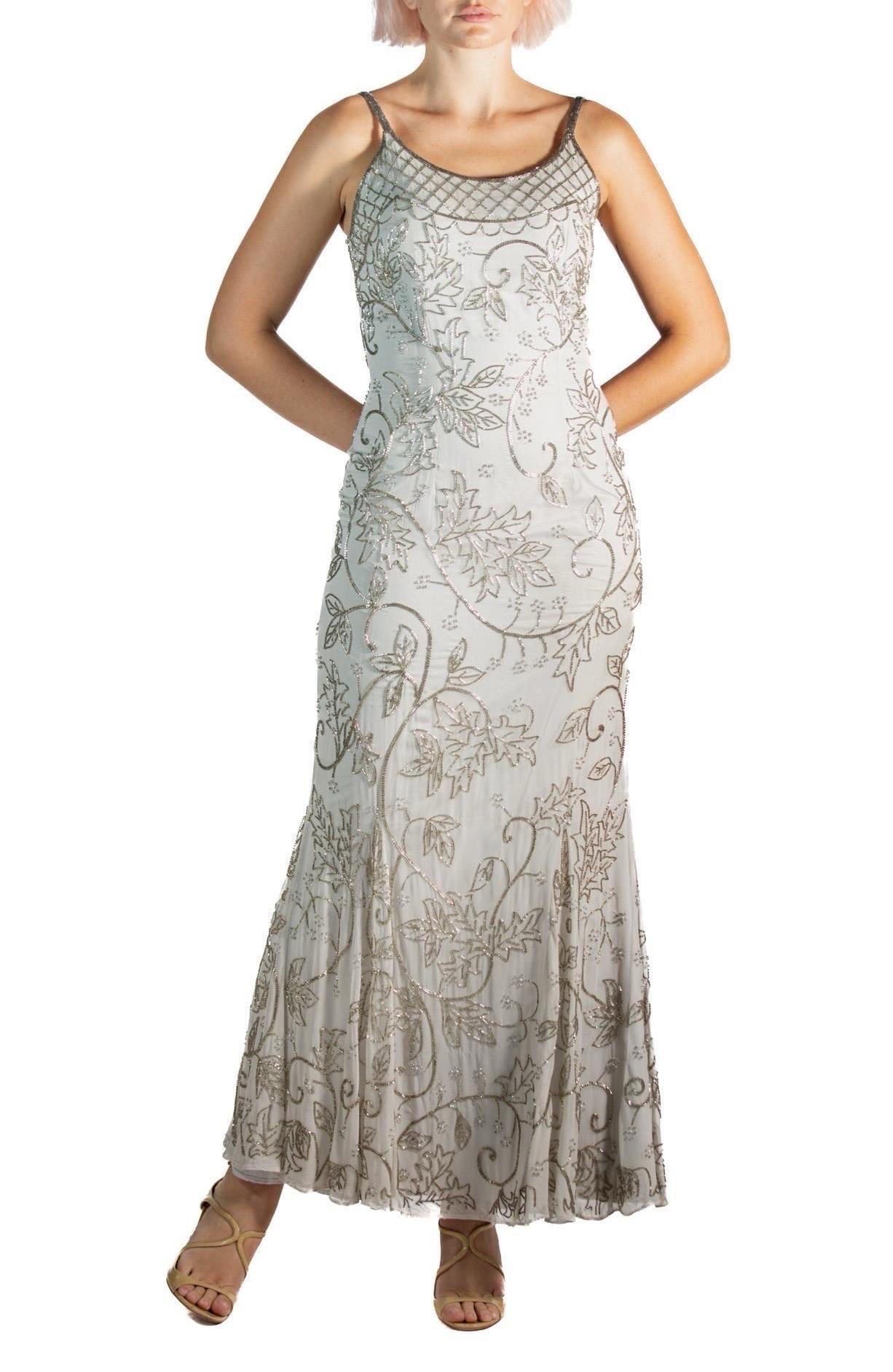 1990S Grey Silk & Rayon Chiffon Silver Beaded Gown For Sale 1