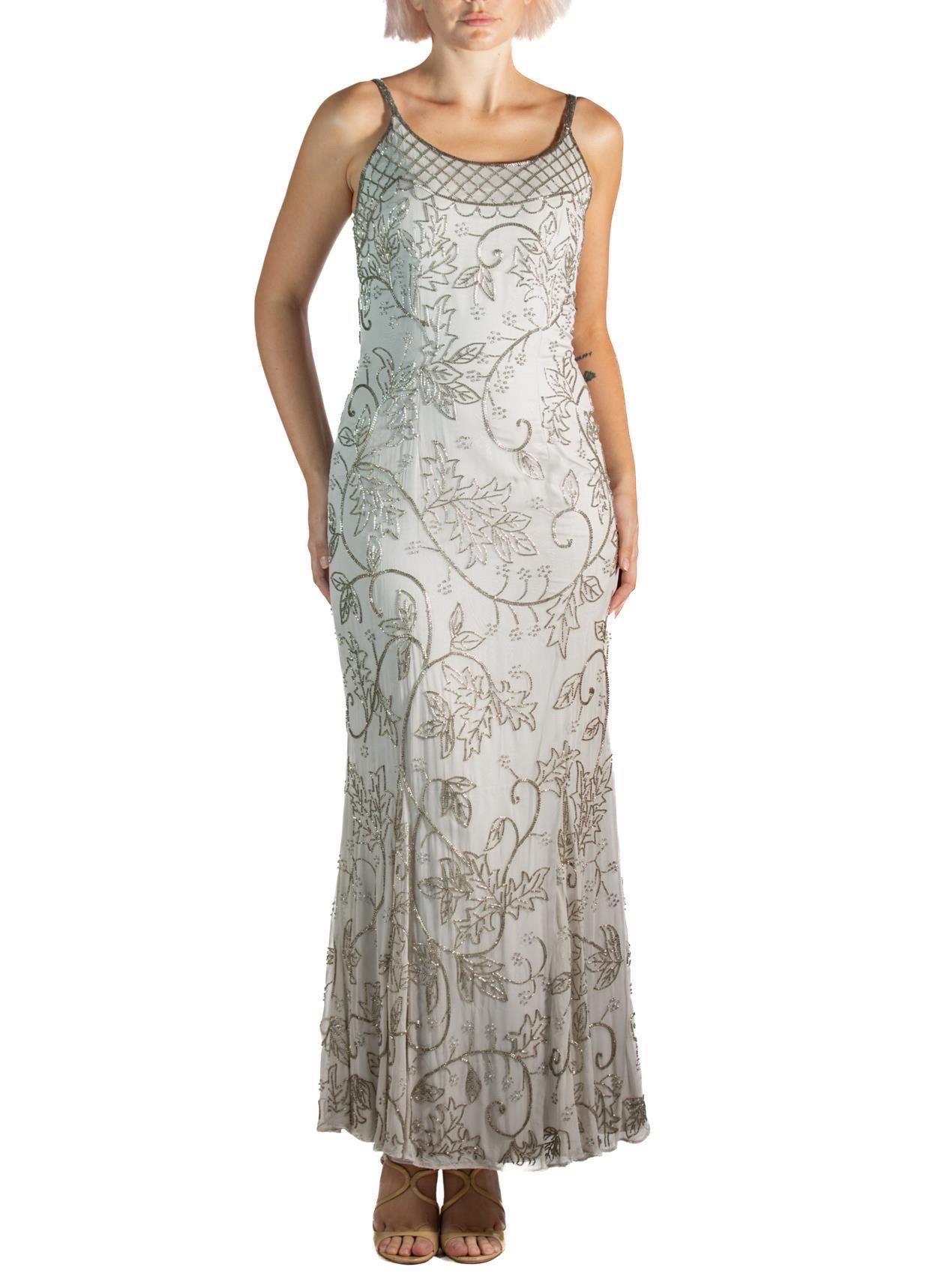 1990S Grey Silk & Rayon Chiffon Silver Beaded Gown For Sale 3