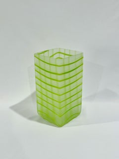 1990s Gridded Green Vase w/ Frosted Glass Finish