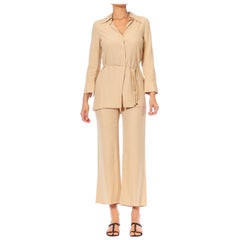 1990S Gucci Beige Acetato e Rayon Crepe Back Satin Pant Wrap Blouse Ensemble To