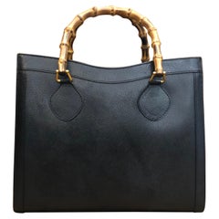 1990s Gucci Black Leather Bamboo Tote Diana Tote (Medium)
