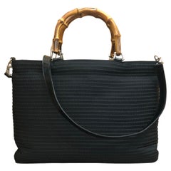 1990s Retro GUCCI Black Pleated Nylon Bamboo Tote Bag