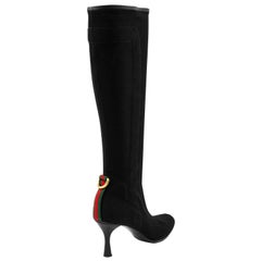 Retro 1990s Gucci Black Spandex Knee High Boots with Red and Green Ribbon Detail 