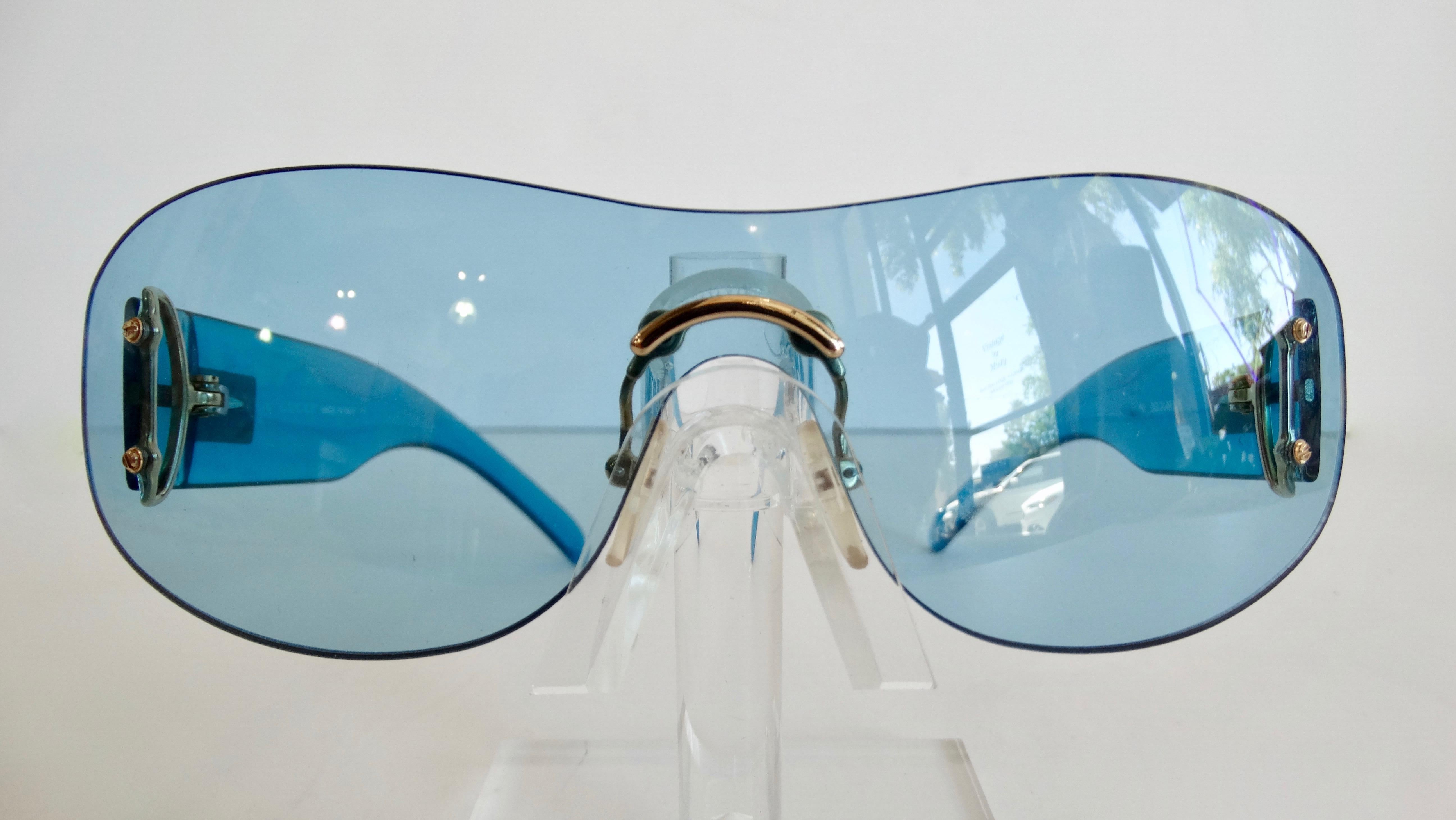 Gucci 1990s Blue Rimless Shield Sunglasses 3