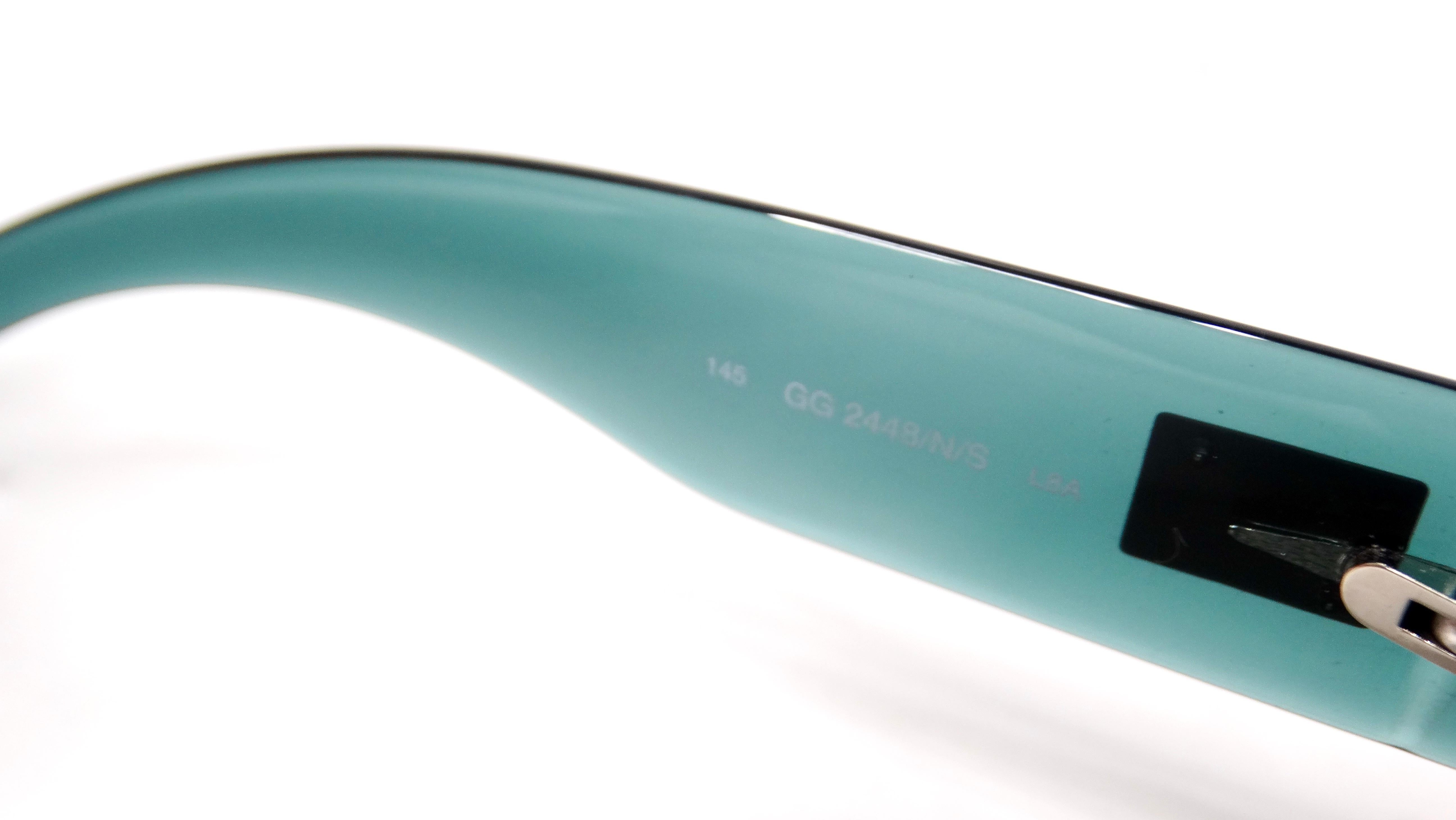 1990er Gucci Blau getönte rahmenlose übergroße Schild-Sonnenbrille im Angebot 1