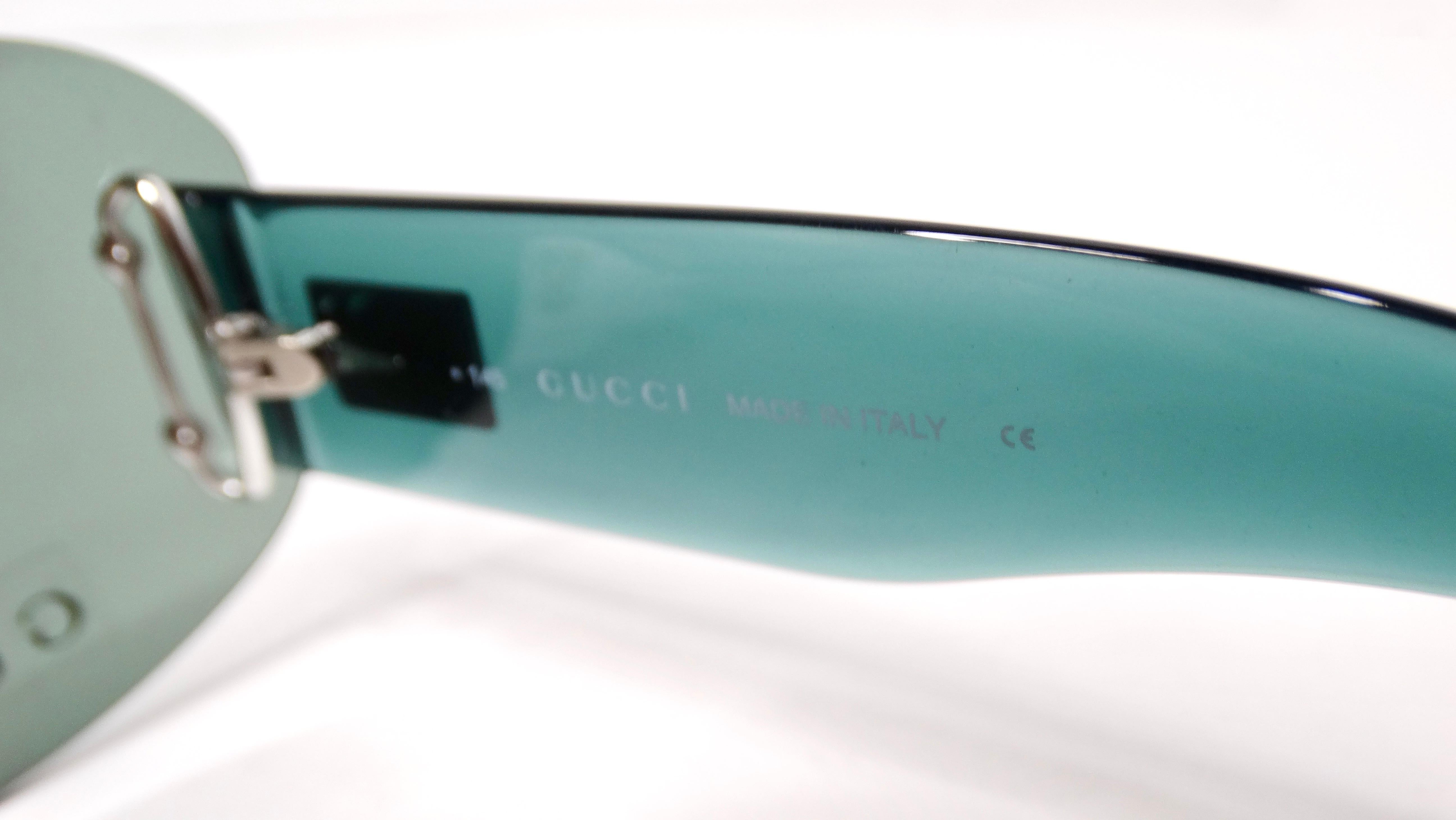 1990er Gucci Blau getönte rahmenlose übergroße Schild-Sonnenbrille im Angebot 2