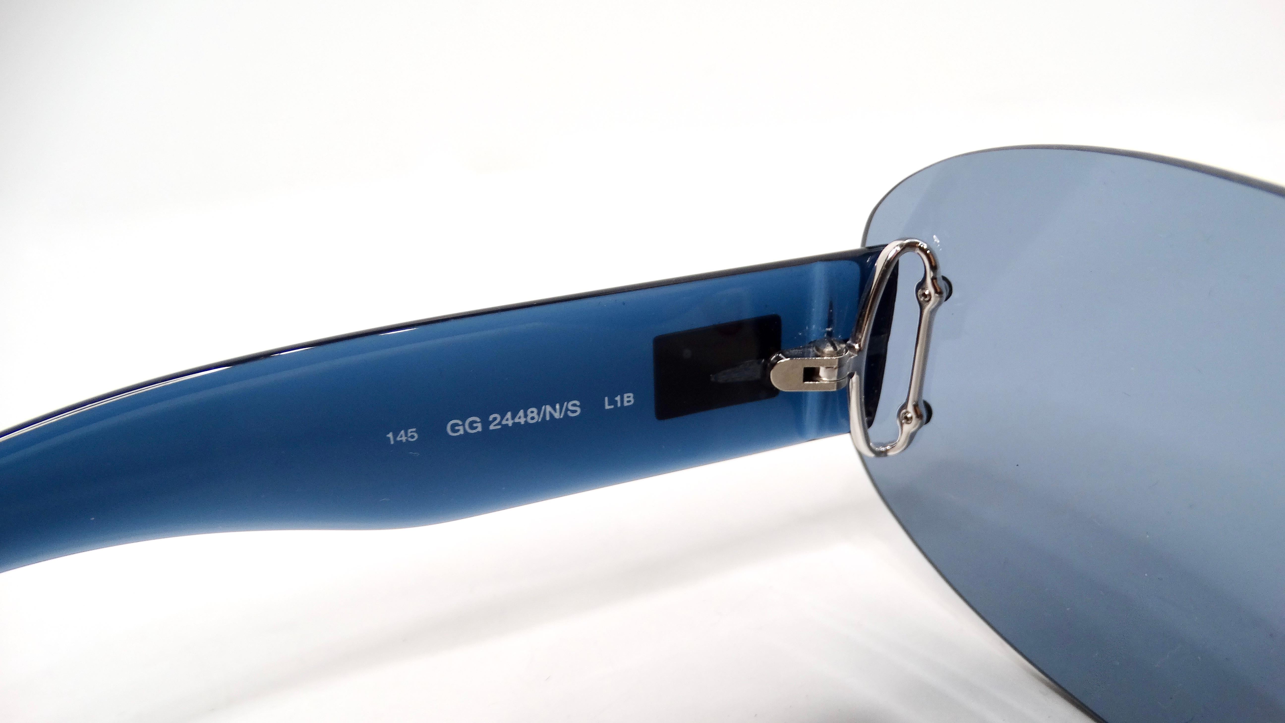 Women's or Men's 1990s Gucci Blue Tinted Shield Sunglasses For Sale