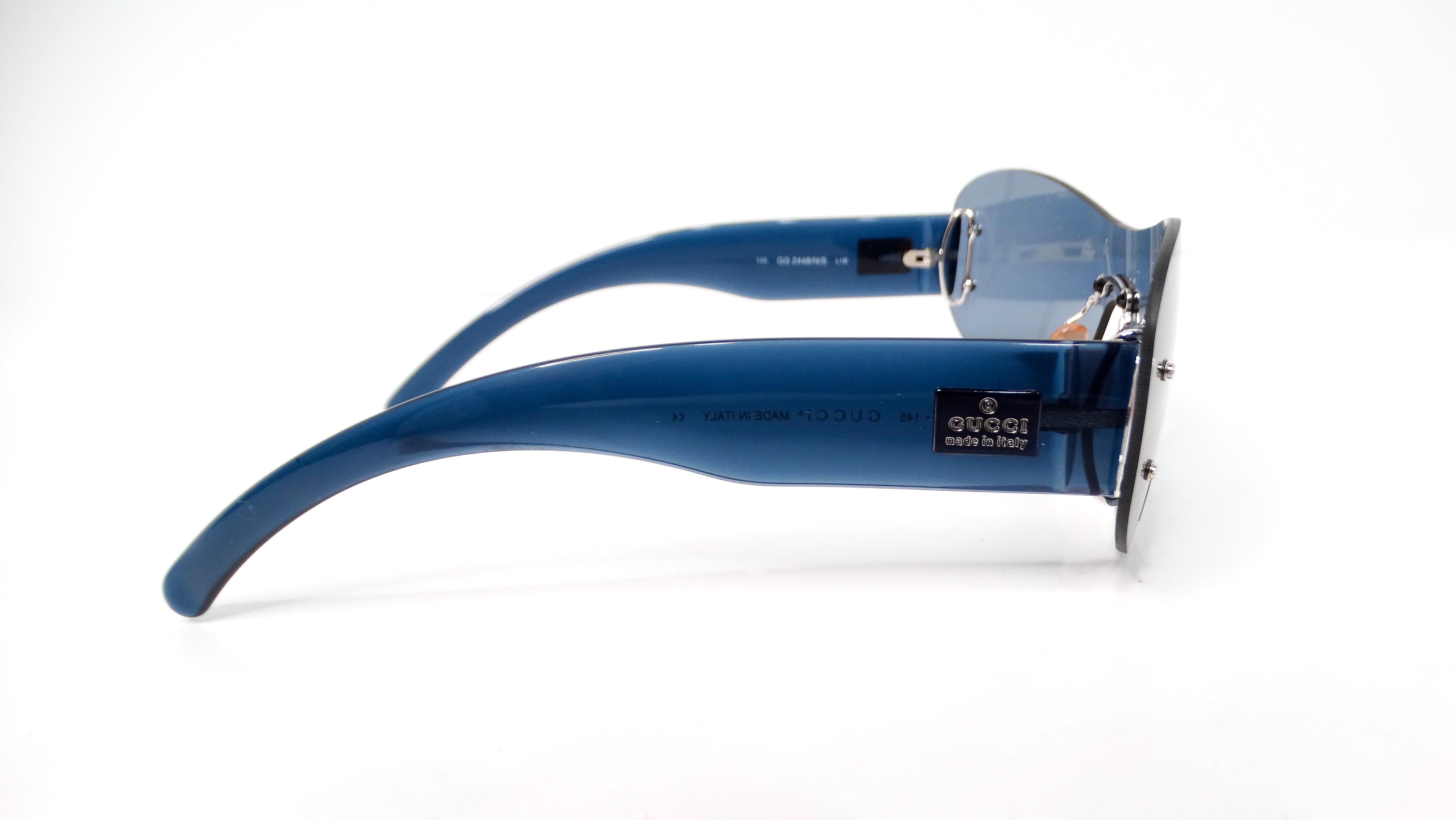 1990s Gucci Blue Tinted Shield Sunglasses For Sale 2