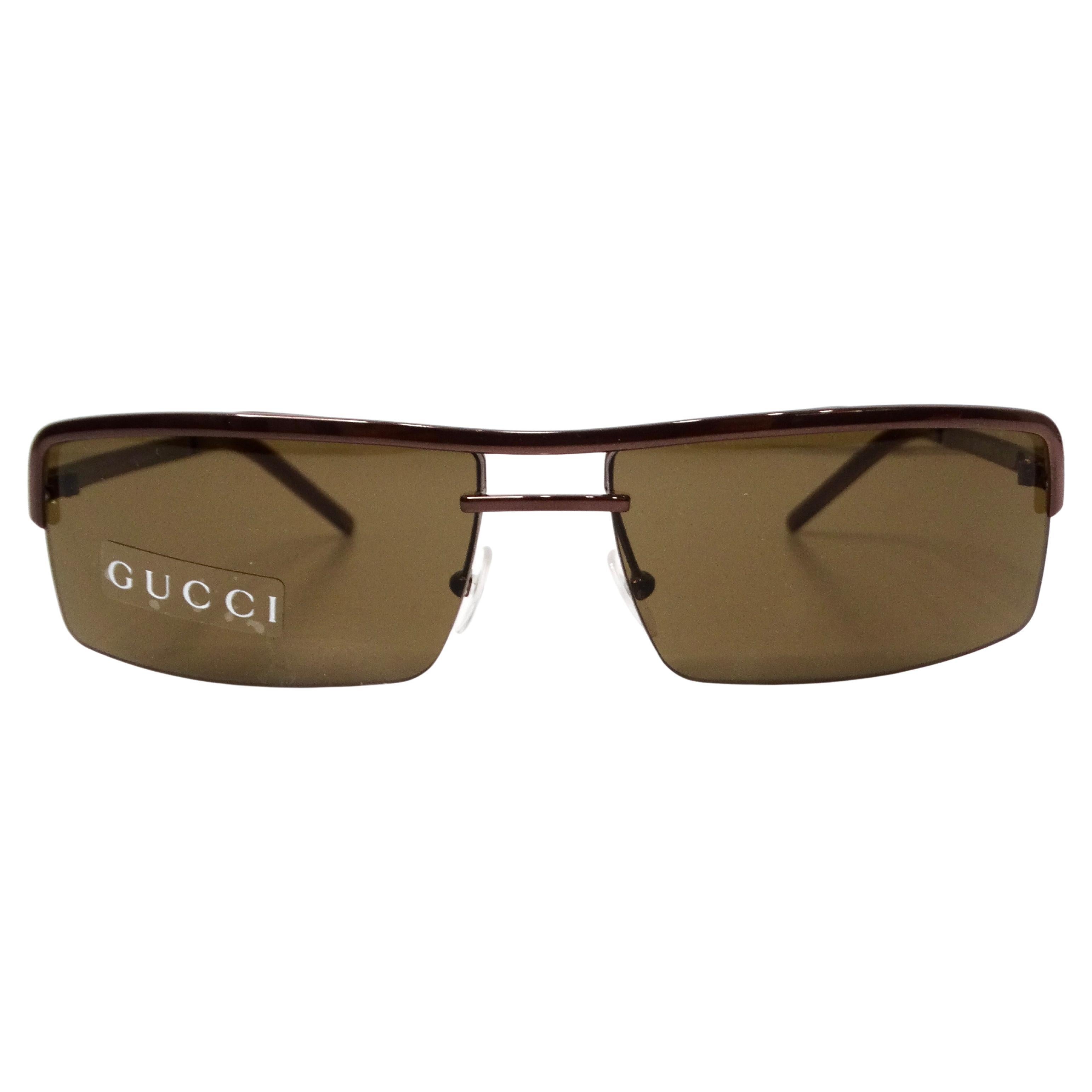 1990 Lunettes de soleil teintées à monture métallique rectangulaire Brown de Gucci