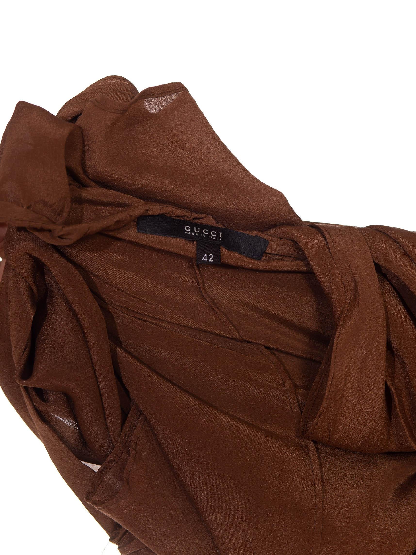 1990S GUCCI Brown Silk Chiffon Shirred Waist Blouse For Sale 7
