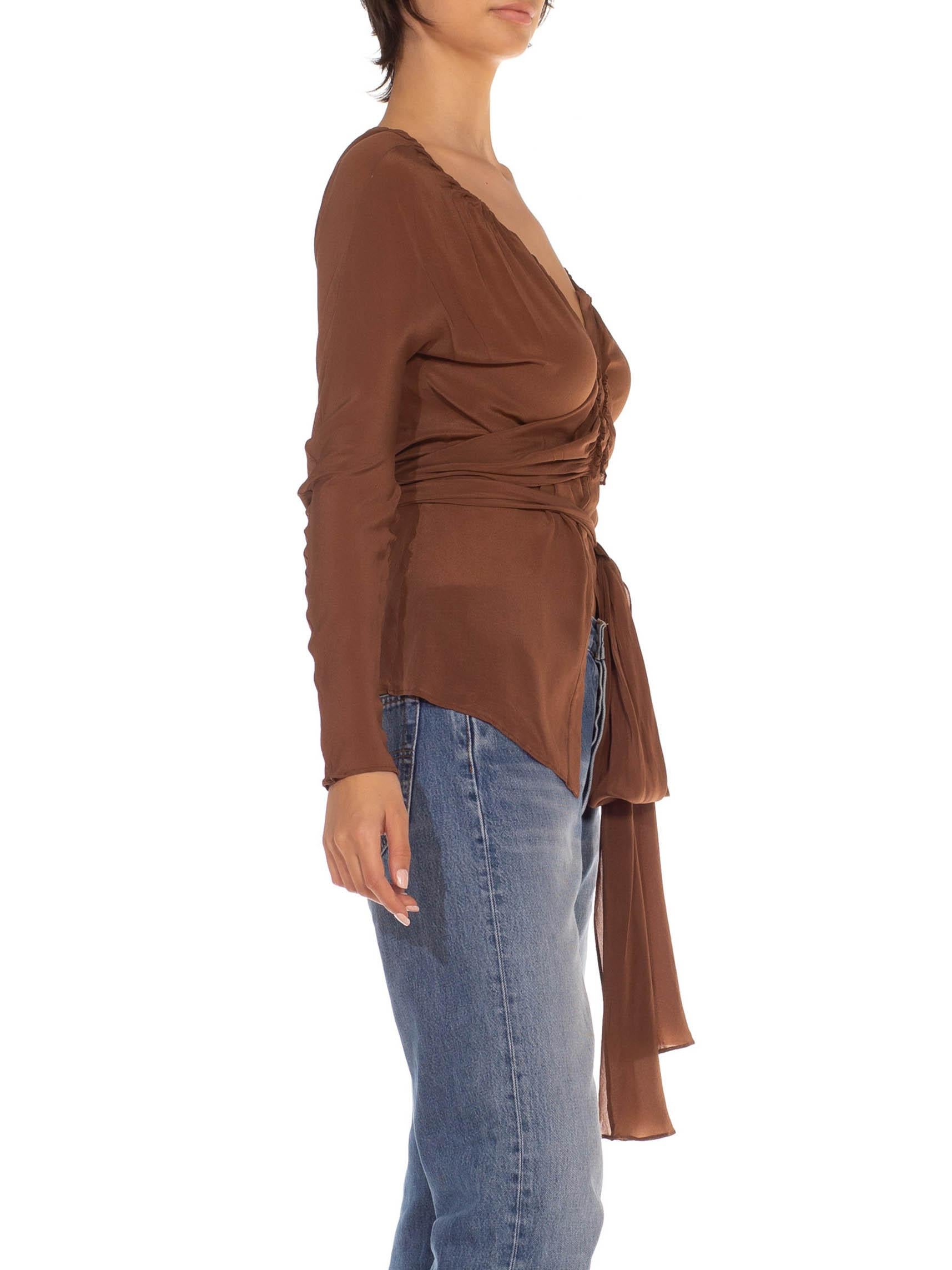 Women's 1990S GUCCI Brown Silk Chiffon Shirred Waist Blouse For Sale