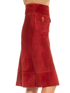 1990S GUCCI Burgundy & Gold Suede Midi Buckle Skirt