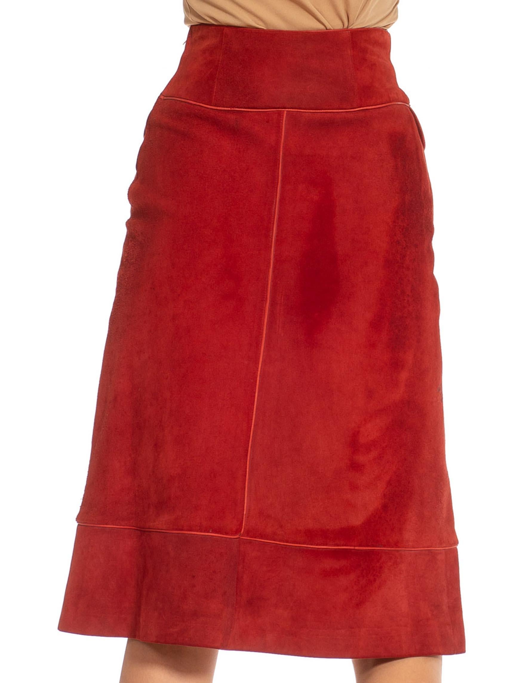 Red 1990S GUCCI Burgundy & Gold Suede Midi Buckle Skirt