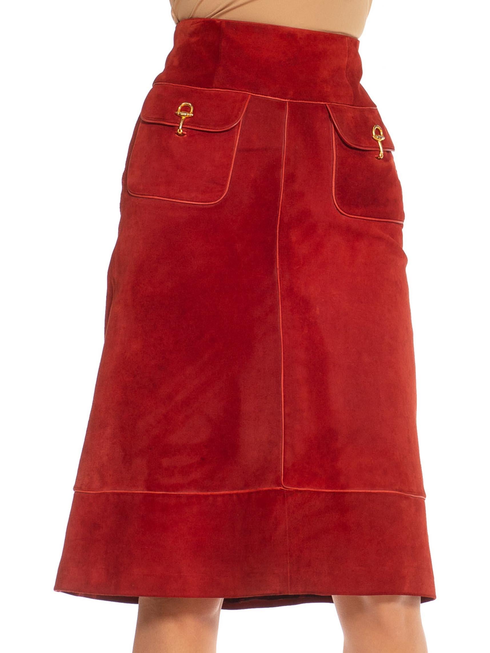 1990S GUCCI Burgundy & Gold Suede Midi Buckle Skirt 2