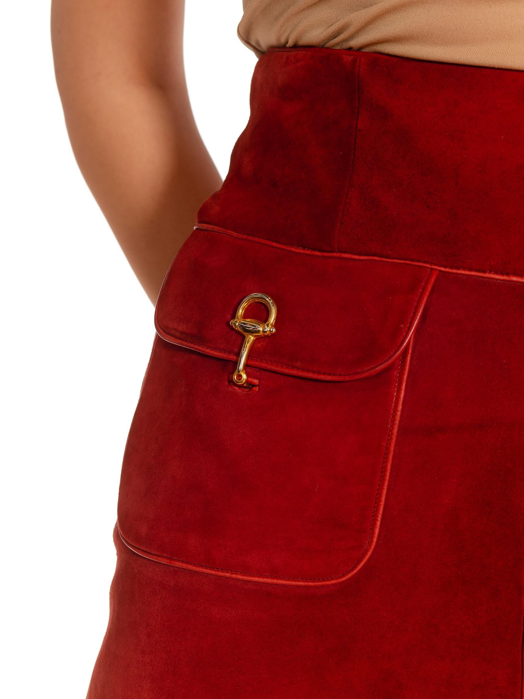 1990S GUCCI Burgundy & Gold Suede Midi Buckle Skirt 3