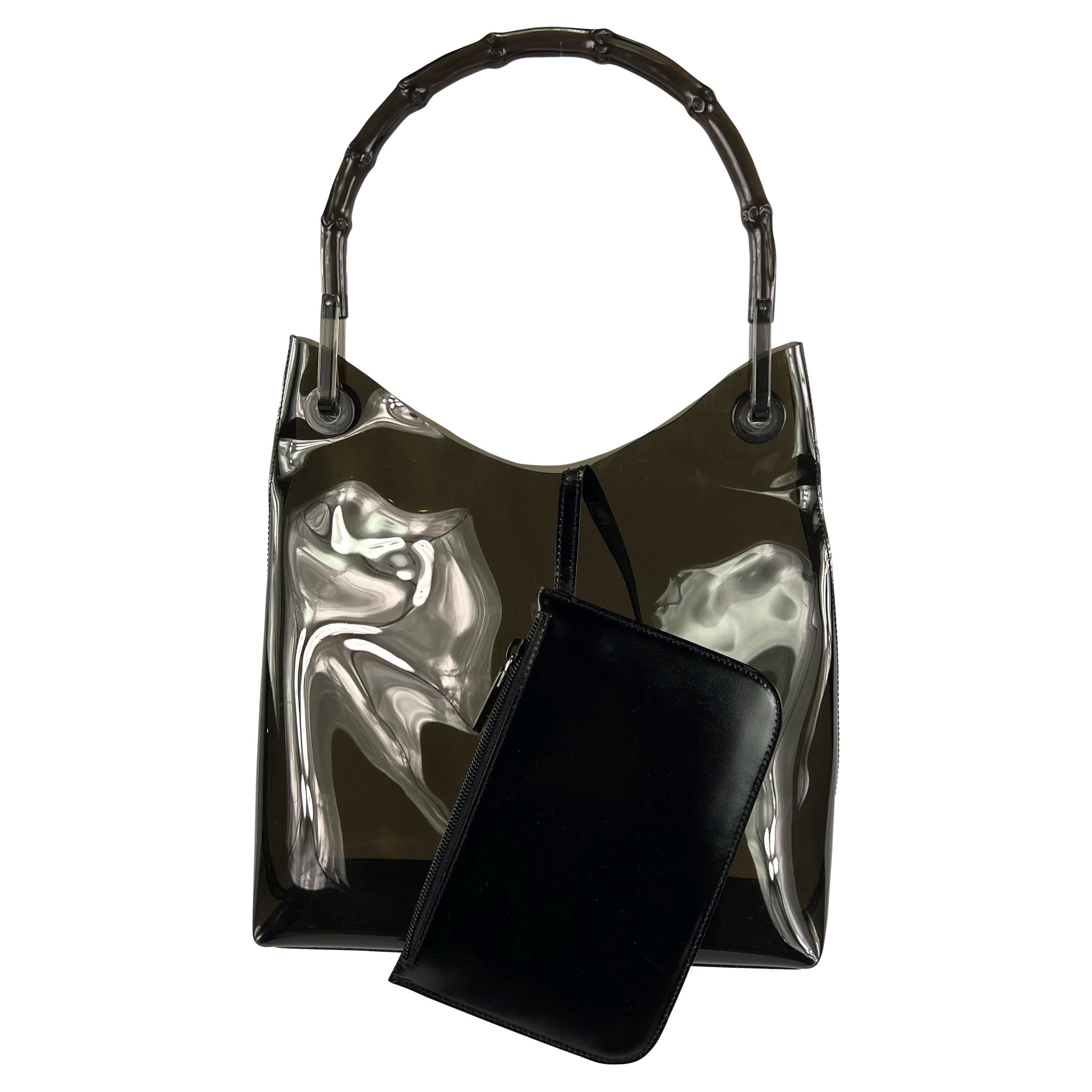 1990s Gucci by Tom Ford Black PVC Transparent Bamboo Top Handle Shoulder Bag For Sale