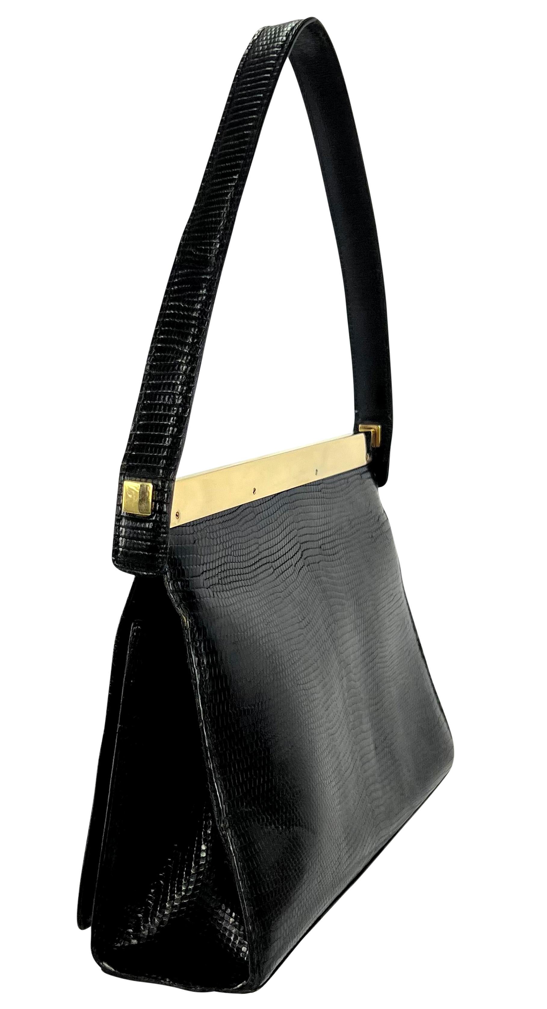 1990s Gucci by Tom Ford Gold Bar Black Lizard Skin Flap Top Handle Small Bag In Good Condition For Sale In West Hollywood, CA
