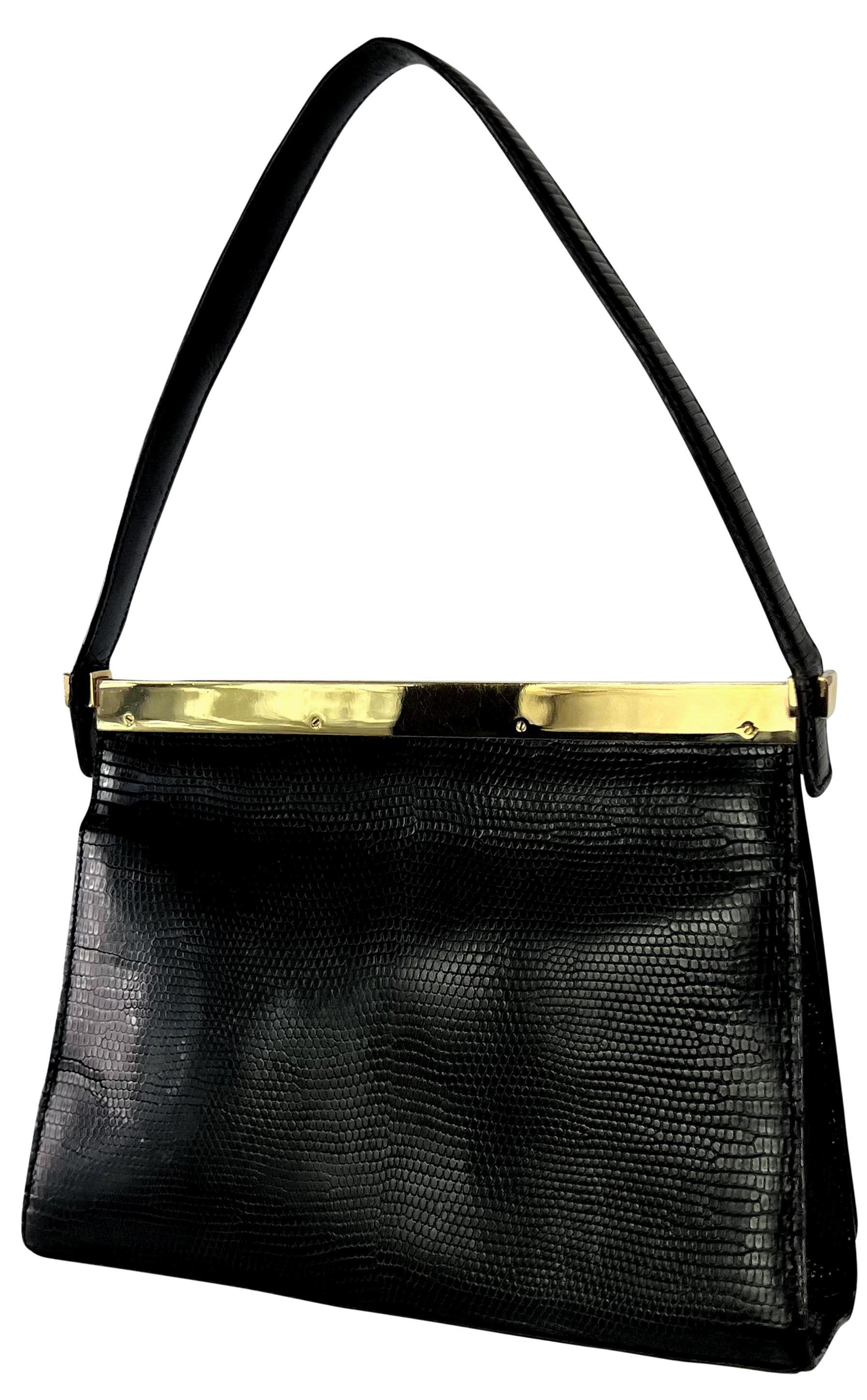 Women's 1990s Gucci by Tom Ford Gold Bar Black Lizard Skin Flap Top Handle Small Bag For Sale