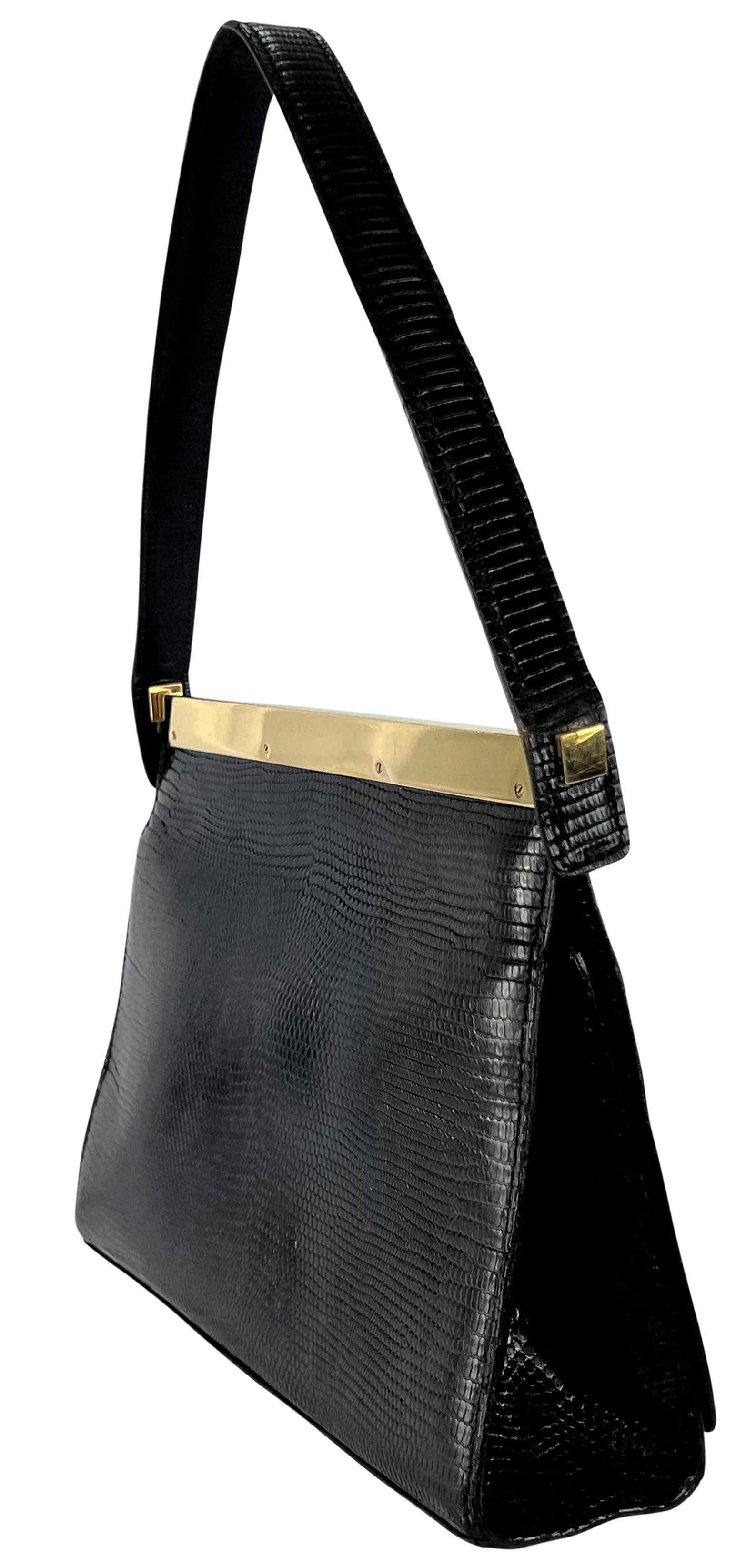 1990s Gucci by Tom Ford Gold Bar Black Lizard Skin Flap Top Handle Small Bag For Sale 1