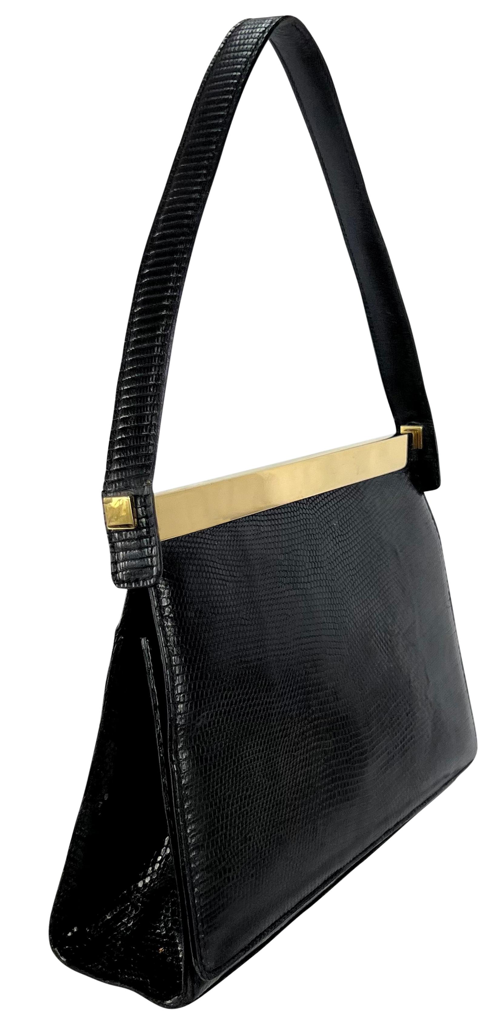 1990s Gucci by Tom Ford Gold Bar Black Lizard Skin Flap Top Handle Small Bag For Sale 2