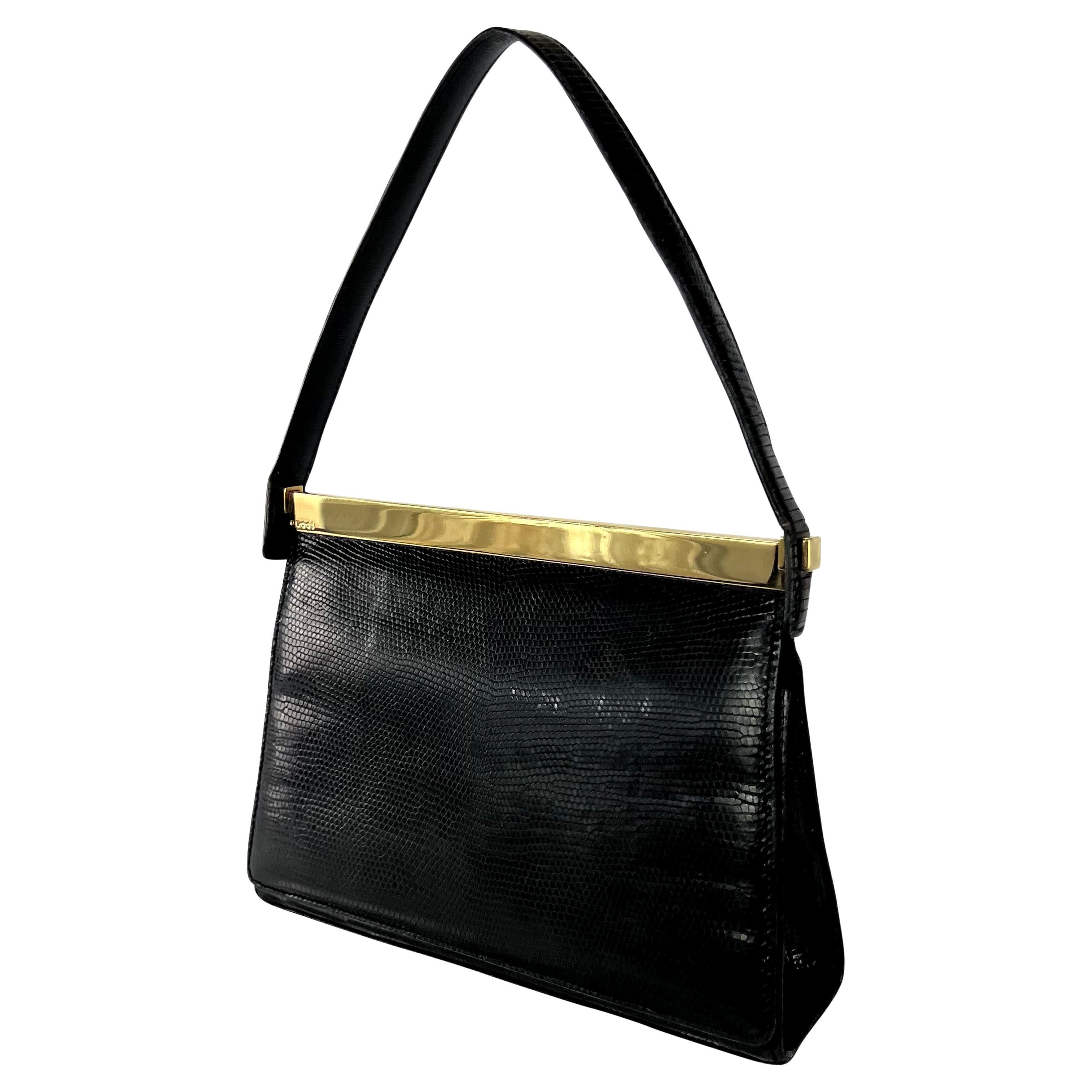 1990s Gucci by Tom Ford Gold Bar Black Lizard Skin Flap Top Handle Small Bag For Sale