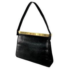 1990s Gucci by Tom Ford Gold Bar Black Lizard Skin Flap Top Handle Small Bag