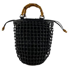 1990er Gucci by Tom Ford Mini Schwarze Stricktasche aus Leder und Bambus