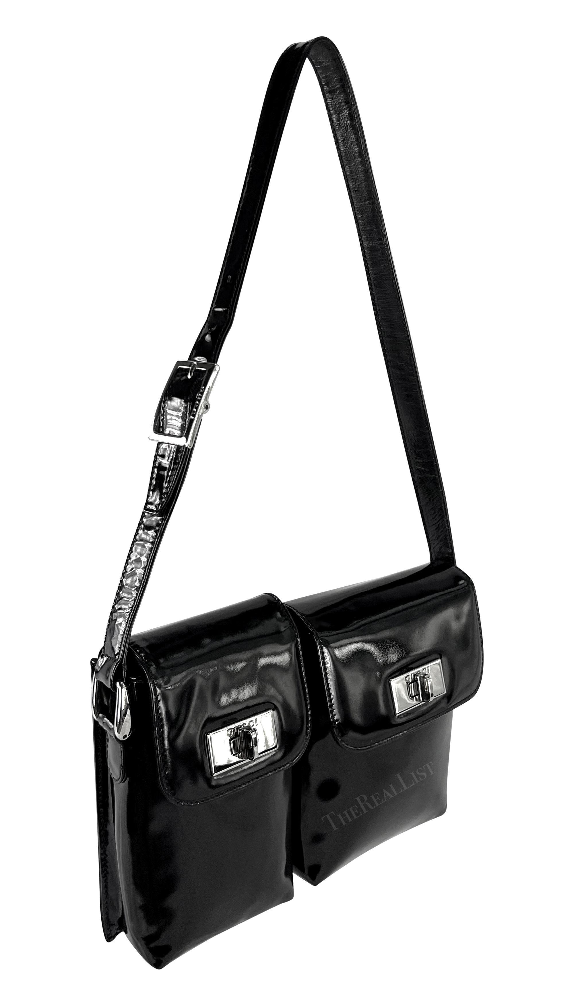 1990s Gucci by Tom Ford Patent Leather Double Pocket Black Shoulder Bag For Sale 5