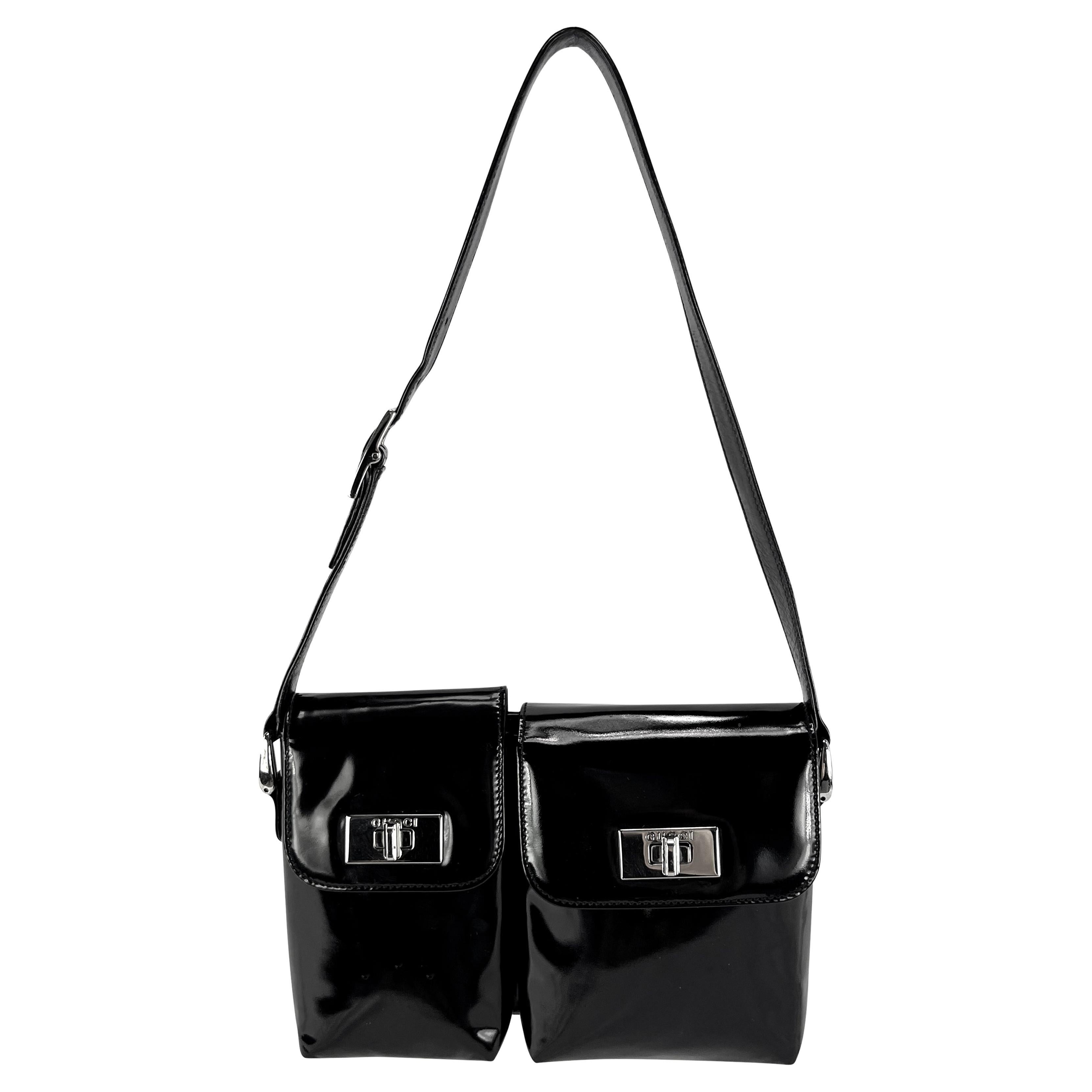1990s Gucci by Tom Ford Patent Leather Double Pocket Black Shoulder Bag For Sale