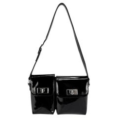 1990s Gucci by Tom Ford Patent Leather Double Pocket Black Shoulder Bag