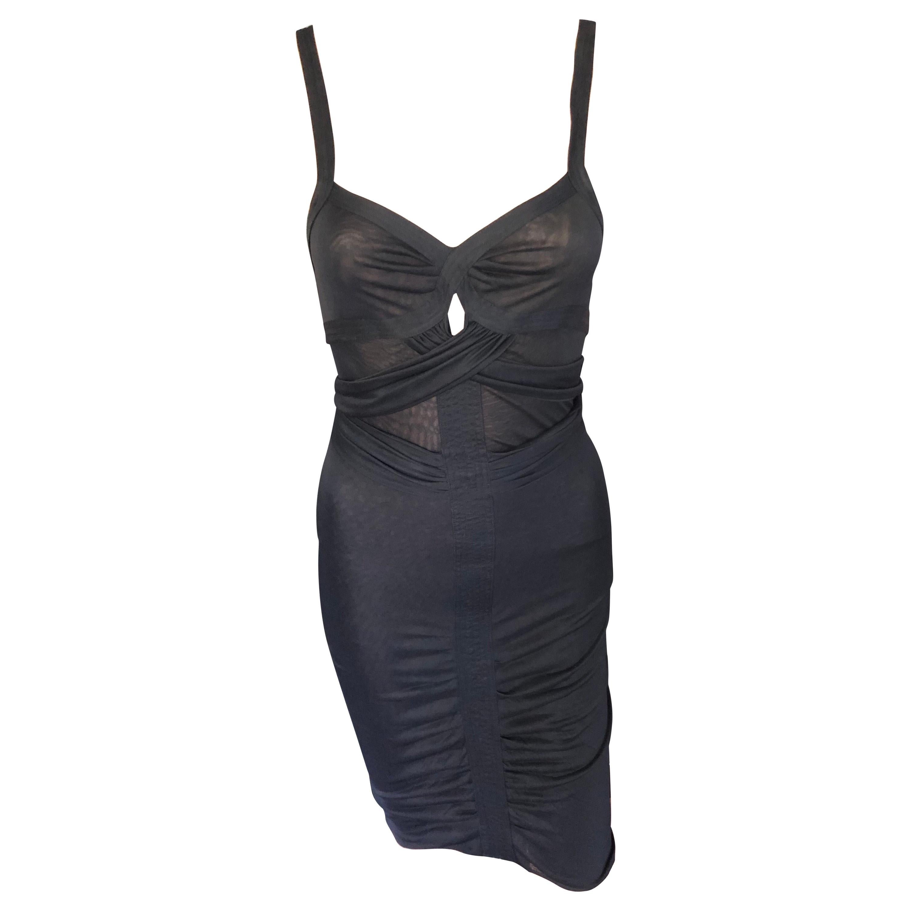 1990'S Gucci by Tom Ford Semi-Sheer Knit Bodycon Black Dress For Sale