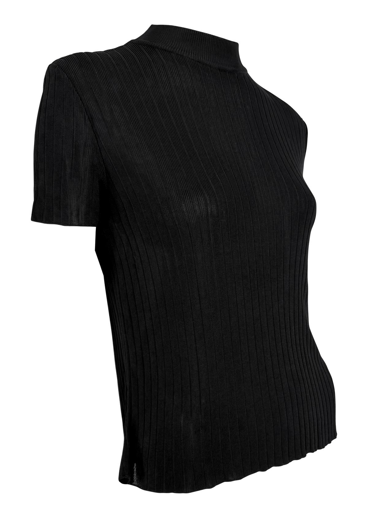 Questo top aderente nero Gucci by Tom Ford, risalente alla fine degli anni '90, è realizzato in tessuto velato a coste sottili con una texture sottile. Con un elegante scollo alla coreana e maniche corte.

Misure approssimative:
Taglia - L
Busto:
