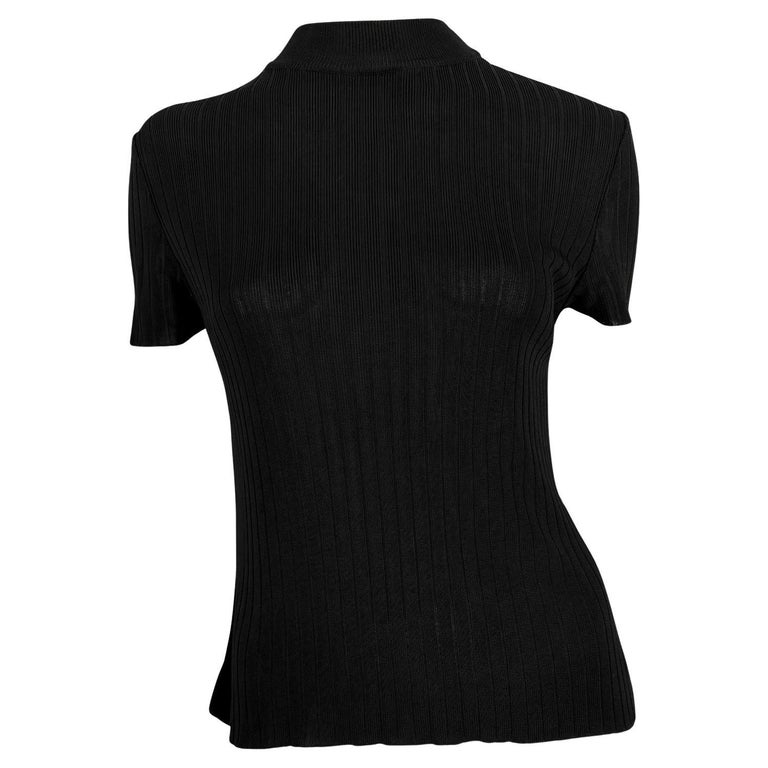 1990s Gucci by Tom Ford Sheer Black Ribbed Mock Neck T-Shirt Top 