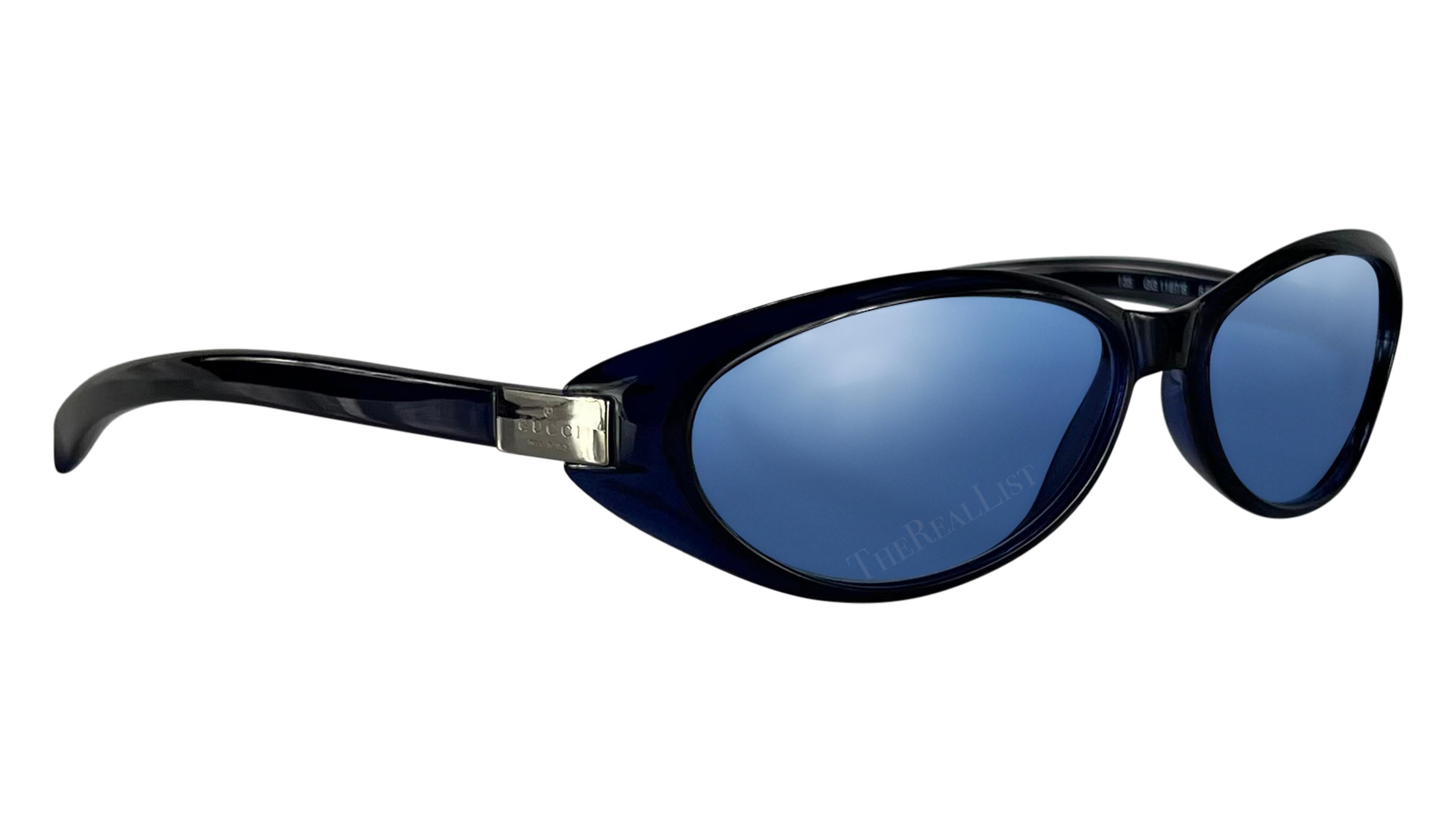 1990s Gucci by Tom Ford Thin Frame Deep Blue Logo Oval Sunglasses For Sale 1