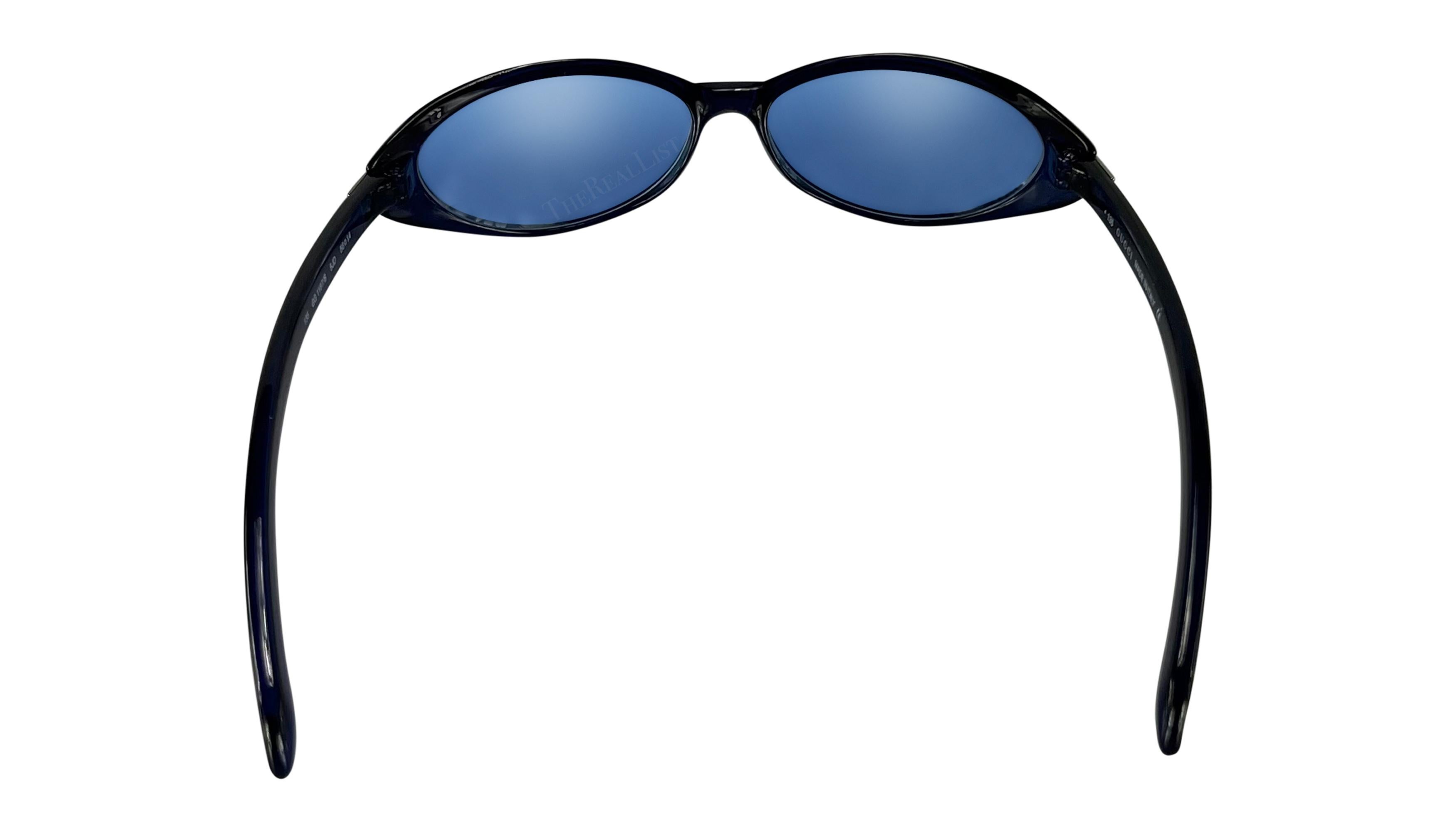 1990s Gucci by Tom Ford Thin Frame Deep Blue Logo Oval Sunglasses For Sale 2