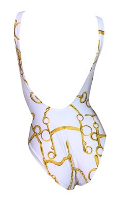 S/S 1993 Gucci White & Gold Horsebit Print Bodysuit Swimsuit
