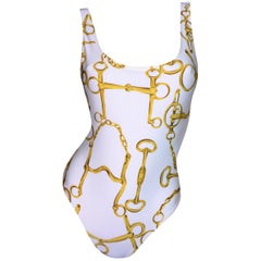 S/S 1993 Gucci White & Gold Horsebit Print Bodysuit Maillot de bain