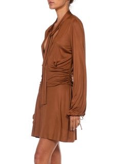 1990S GUCCI Caramel Brown Rayon Jersey Low Cut Mini Cocktail Dress With Sleeves