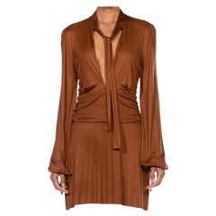 1990S GUCCI Caramel Brown Rayon Jersey Low Cut Mini Cocktail Dress With Sleeves