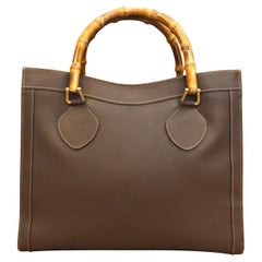 1990s GUCCI Chocolate Brown Leather Bamboo Tote Gucci Diana Tote (Medium)