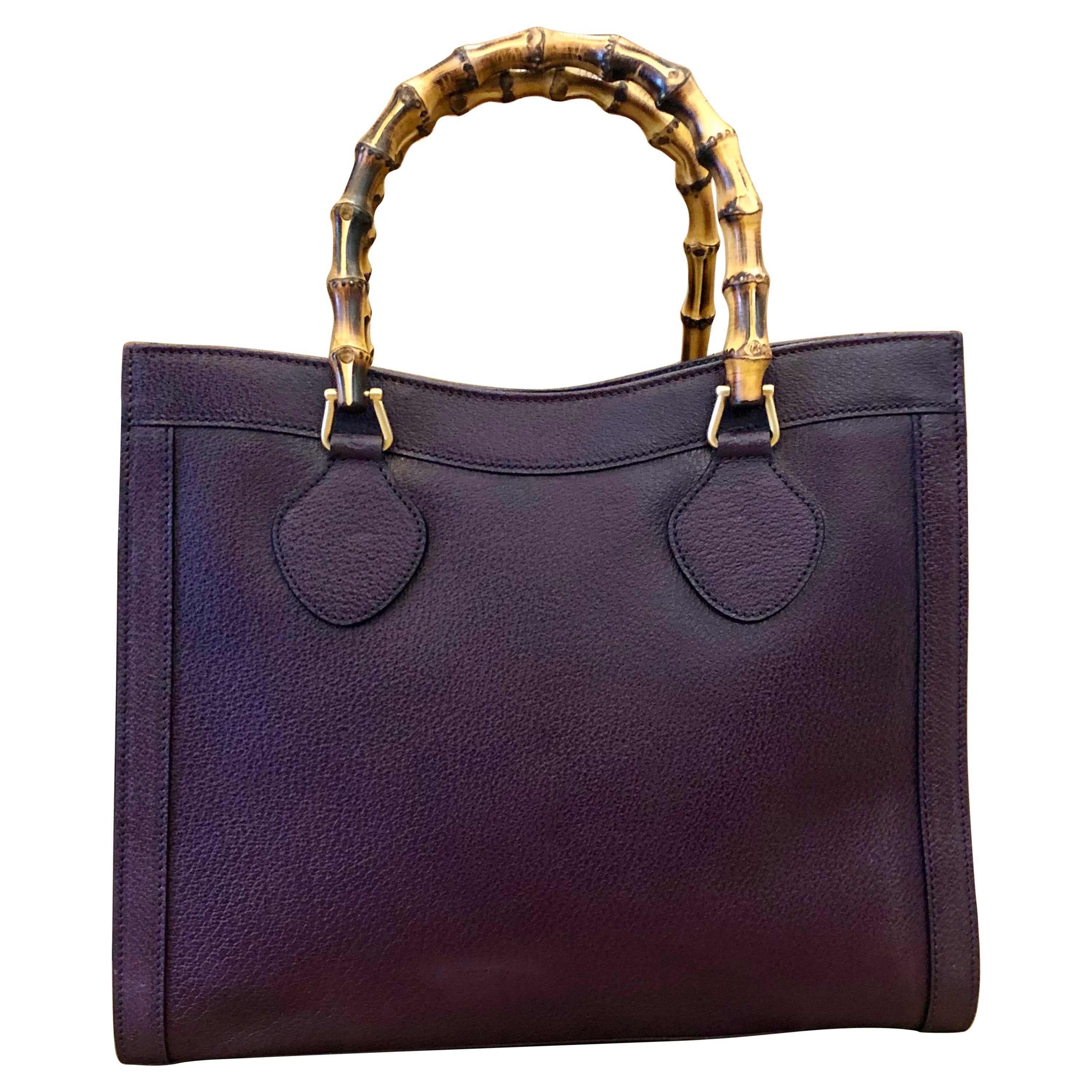 1990s GUCCI Dark Purple Leather Bamboo Tote Princess Diana Tote