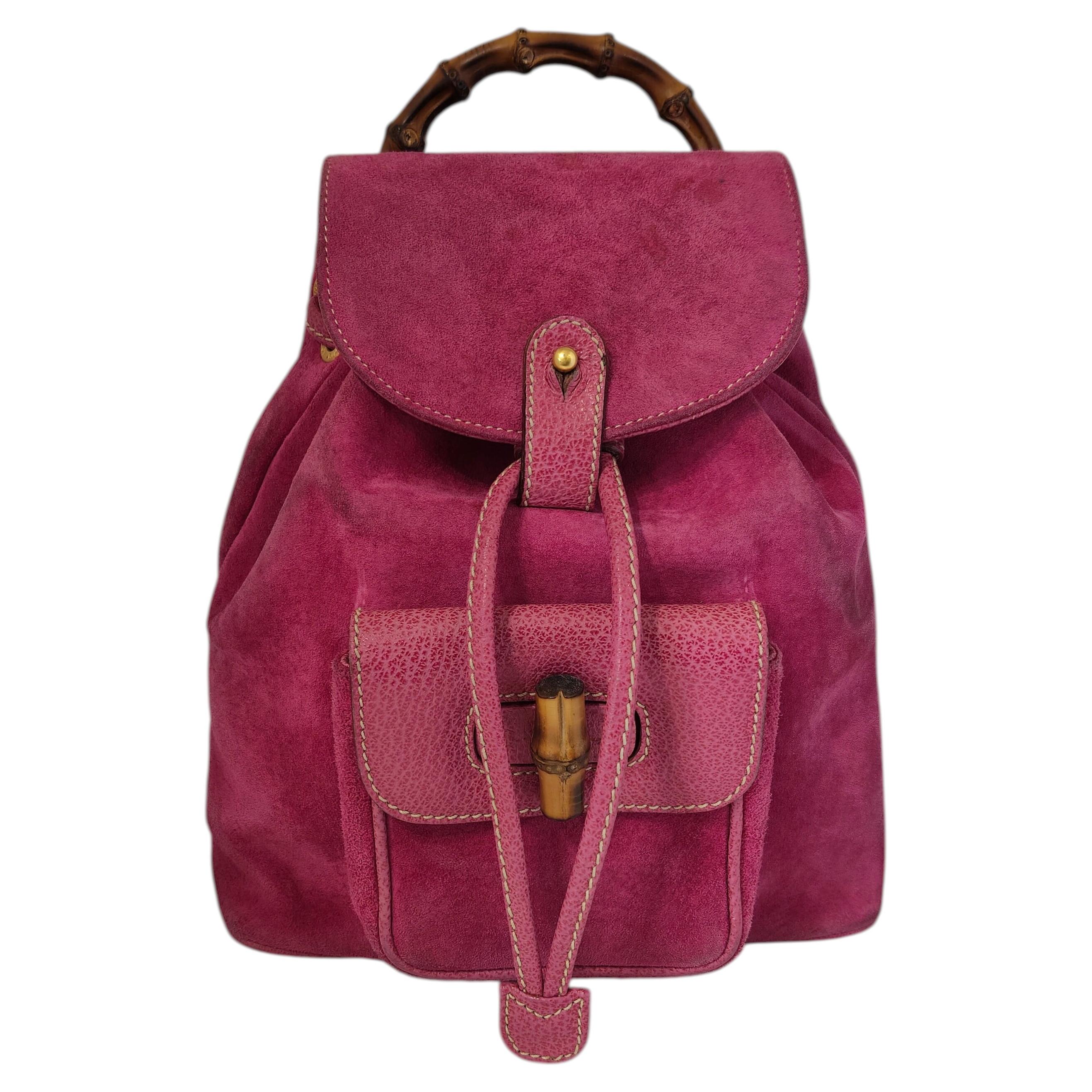 1990s Gucci fucsia pink suede bamboo small backpack